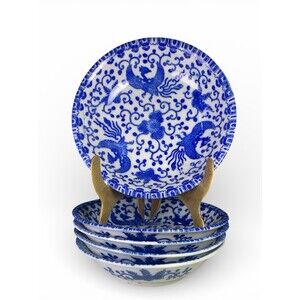 VTG Blue White Japanese Porcelain Bowls Set 5 Phoenix Floral Inside & Outside 5”
